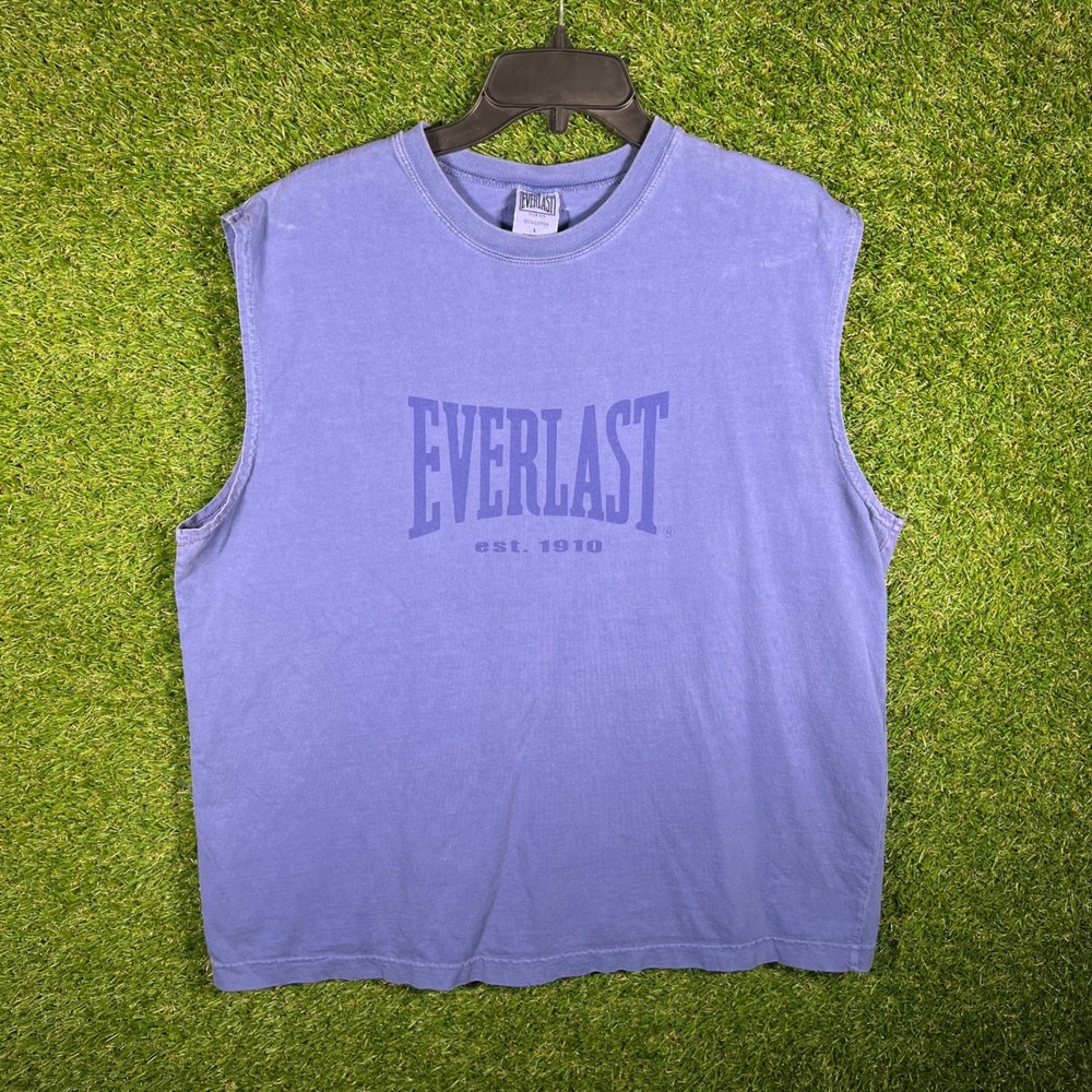 Vintage Everlast Mens Muscle Tee Tank Top Large Blue Purple Graphic Logo Cotton